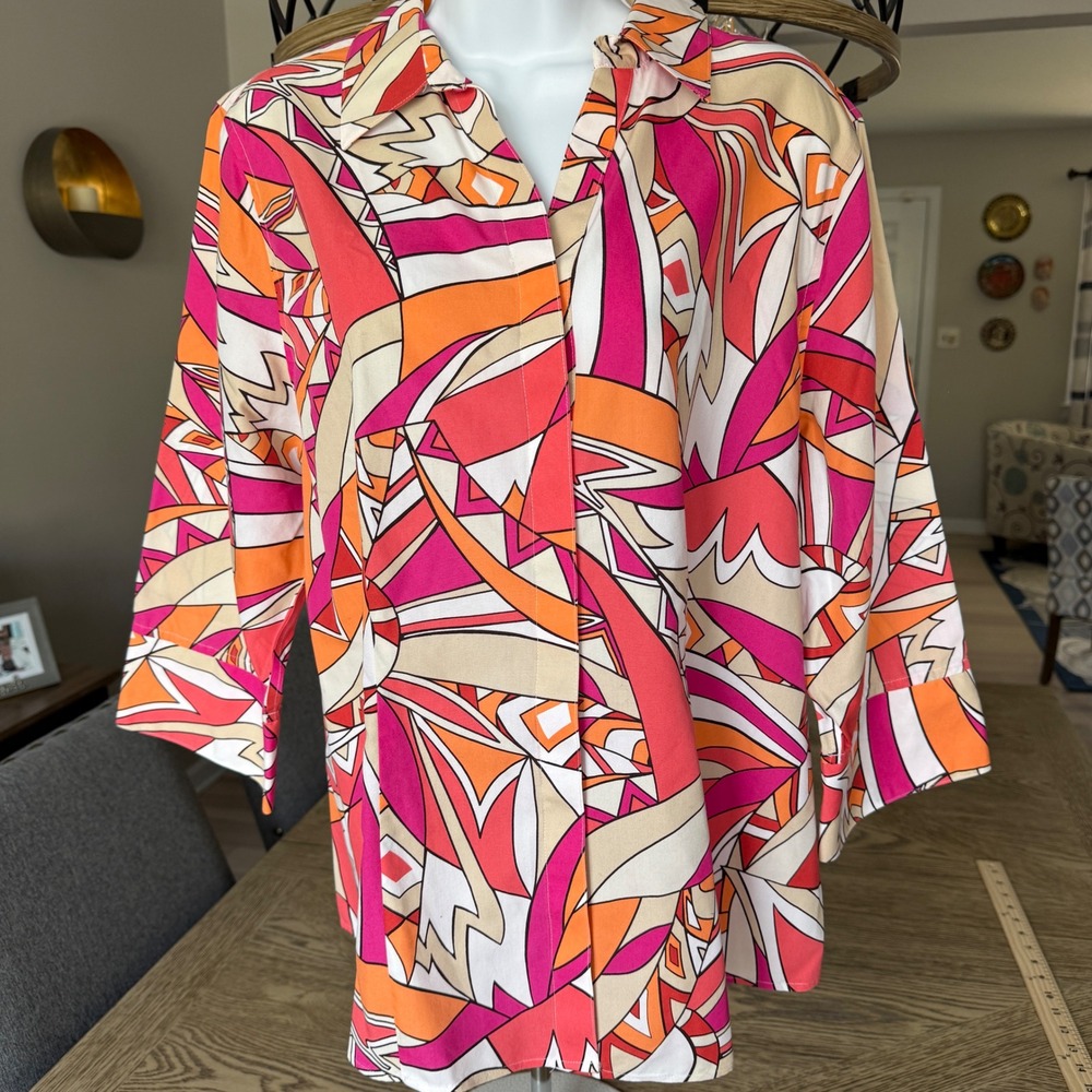 Chicos No-Iron Abstract Geometric Button Down Shirt Pink Orange 3/4 Sleeve 3 XL - Picture 1 of 12